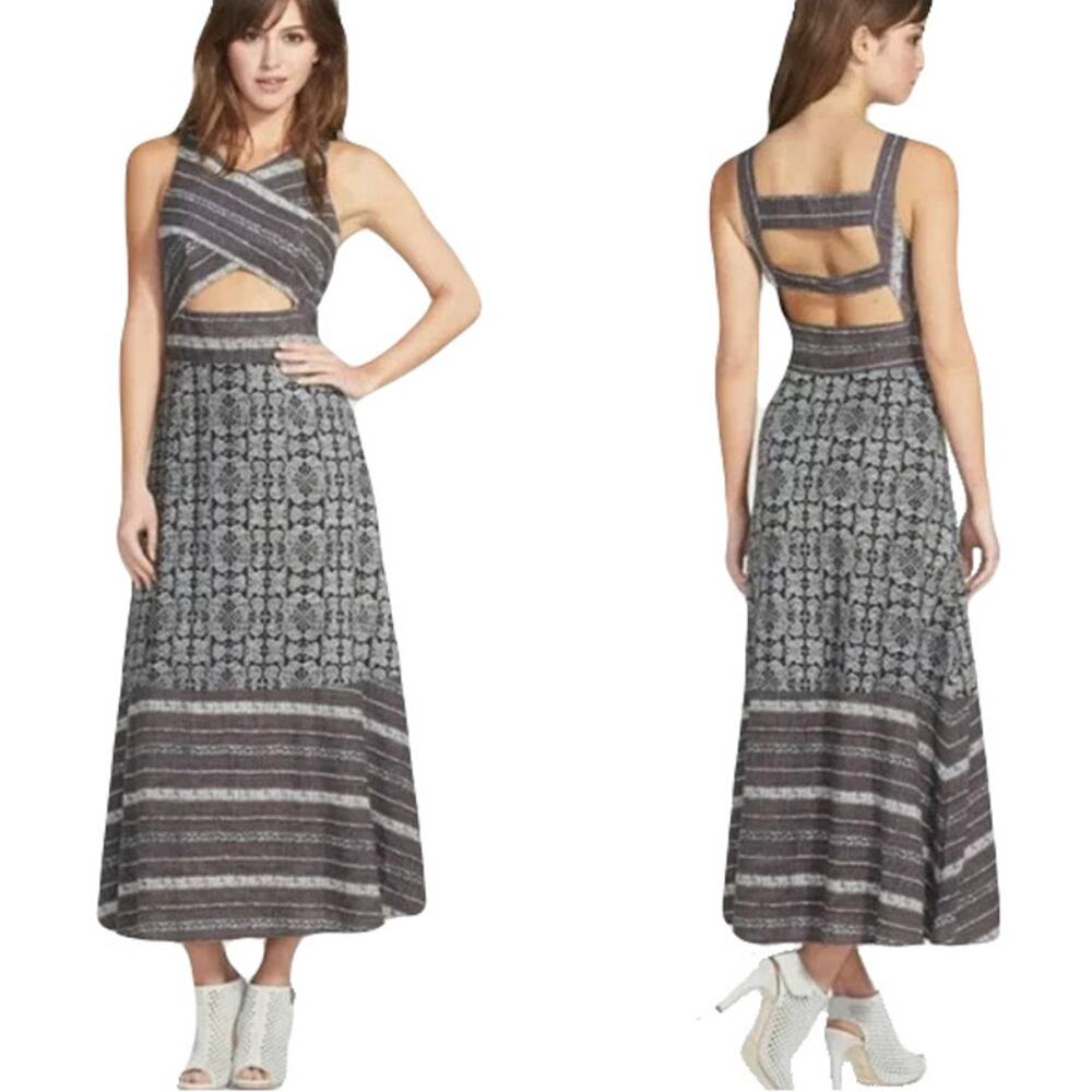 nwot FREE PEOPLE Dress 8 Floral Stripes Fit&Flare A-Line Open-Back Cut-Out Midi